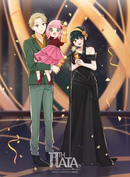 1boy 2girls :d absurdres anya_(spy_x_family) artist_name black_dress blonde_hair blurry blurry_background carrying carrying_person commentary confetti dress english_commentary english_text evening_gown flower formal_clothes full_body green_eyes green_jacket green_pants hair_flower hair_ornament hairband hairpods hakamii highres holding holding_trophy jacket long_sleeves microphone microphone_stand multiple_girls off-shoulder_dress off_shoulder open_mouth outstretched_arm pants pink_dress pink_hair popped_collar red_eyes red_shirt red_shoes rose shirt shoes short_hair smile spy_x_family spy_x_family_code:_white stage standing trophy twilight_(spy_x_family) yellow_flower yellow_hairband yellow_rose yor_briar