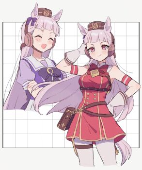 1girl :d ^_^ anaketsu animal_ears breasts brown_hat closed_eyes commentary_request cropped_legs dress gold_ship_(red_strife)_(umamusume) gold_ship_(umamusume) grey_hair hat highres horse_ears horse_girl horse_tail long_hair looking_at_viewer medium_breasts multiple_views open_mouth pantyhose red_dress school_uniform short_sleeves smile tail tracen_school_uniform umamusume white_pantyhose