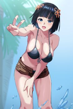 1girl bikini bikini_bottom_under_shorts bikini_under_clothes black_bikini black_hair blue_eyes blunt_bangs blush breasts brown_shorts commentary_request hair_ornament hand_on_own_thigh highres large_breasts machida_reina minorun9 nue_no_onmyouji open_mouth short_hair shorts solo swimsuit underwear v