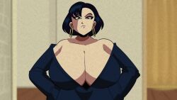 1girl animated black_hair bouncing_breasts breasts cleavage clothes earrings english_text female_focus glassfish highres hoop_earrings huge_breasts jewelry lei_(coloredyiddies) looking_at_viewer medium_hair open_mouth original piercing serious solo tagme video