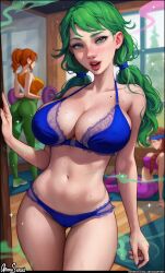 3girls aroma_sensei bikini bra breasts caroline_(stardew_valley) curvy green_eyes green_hair gym highres jodi_(stardew_valley) lace lace-trimmed_bra lace-trimmed_panties lace_trim large_breasts mature_female multiple_girls panties robin_(stardew_valley) stardew_valley sweatdrop swimsuit thick_thighs thighs underwear