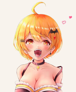 1girl ahoge bat_hair_ornament black_choker blonde_hair blush breasts choker collarbone commentary ear_piercing fangs hair_ornament hairclip hal_(haldayo913) heart highres hololive large_breasts looking_at_viewer official_alternate_costume open_mouth piercing solo teeth tongue virtual_youtuber yellow_eyes yozora_mel yozora_mel_(2nd_costume)