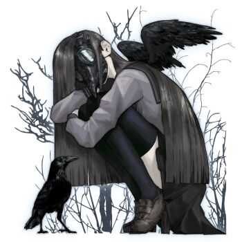 1girl bare_tree bird black_hair black_sailor_collar black_shoes black_skirt black_thighhighs blunt_ends crow grey_shirt head_tilt high_heels highres long_hair long_sleeves machipachi1901 original plague_doctor_mask pleated_skirt sailor_collar shirt shoes sidelocks skirt solo squatting thighhighs tree very_long_hair