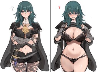1girl ? armlet black_bra black_cape black_panties blue_eyes blue_hair bra breasts female_byleth_(fire_emblem) cape cleavage closed_mouth crossed_arms dark_blue_hair fire_emblem fire_emblem:_three_houses flashing gauntlets green_eyes hair_between_eyes heart highres jewelry large_breasts lifting_own_clothes long_hair looking_at_viewer navel nintendo panties pantyhose purple_eyes rakeemspoon simple_background smile split_screen standing underwear white_background