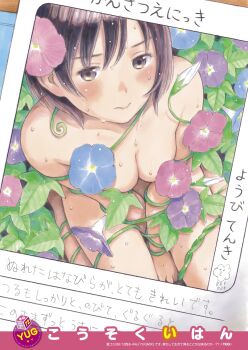 1girl artist_name bdsm blue_flower blush bondage bound breasts brown_eyes brown_hair cleavage cloud comic_kairakuten flower from_above highres leaf looking_at_viewer medium_breasts morning_glory non-web_source nude original photo_(object) pink_flower plant purple_flower rain short_hair sitting solo translation_request vine_bondage vines wariza wet wet_hair yug_(ekaki)