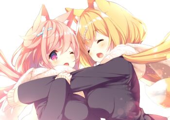 2girls amamiya_aki amamiya_mei animal_ear_fluff animal_ears blonde_hair breasts bad_tag cross_hair_ornament extra_ears fox_ears fox_tail hair_ornament hairclip hug jacket long_hair low_twintails multiple_girls one_eye_closed open_mouth original p19 pink_hair red_eyes scarf siblings simple_background sisters sweater tail twintails virtual_youtuber white_background