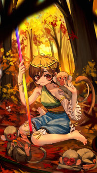 1girl absurdres animal autumn barefoot blue_dress brown_eyes brown_hair circlet closed_mouth commentary detached_sleeves dress green_dress green_jacket highres ium_hair jacket kourou_(kouroukun) monkey monkey_tail multicolored_dress short_twintails single_detached_sleeve solo son_biten symbol-only_commentary tail toes touhou tree twintails yellow_dress