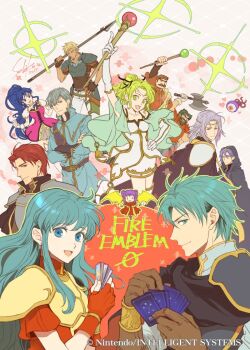 4girls 6+boys axe beard blonde_hair blue_eyes blue_hair brother_and_sister brown_hair card chibi circlet cloak commentary_request company_name copyright_name copyright_notice cormag_(fire_emblem) crossed_arms dozla_(fire_emblem) earrings eirika_(fire_emblem) elbow_gloves ephraim_(fire_emblem) facial_hair fire_emblem fire_emblem:_the_sacred_stones fire_emblem_cipher gloves green_eyes holding holding_axe holding_card holding_polearm holding_staff holding_weapon hood hooded_cloak innes_(fire_emblem) jewelry knoll_(fire_emblem) l&#039;arachel_(fire_emblem) long_hair lyon_(fire_emblem) moulder_(fire_emblem) multiple_boys multiple_girls mustache myrrh_(fire_emblem) nintendo polearm purple_eyes purple_hair red_hair seth_(fire_emblem) short_hair siblings signature smile staff tana_(fire_emblem) wada_sachiko weapon