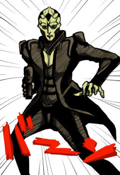 1boy alien black_sclera colored_sclera colored_skin drell green_skin gun image_sample jacket male_focus mass_effect_(series) mass_effect_2 pixiv_sample resized solo thane_krios weapon