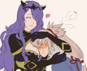 Rule 34 | blush, breasts, camilla (fire emblem), chignon, cleavage, closed eyes, face to breasts, fire emblem, fire emblem fates, hair over one eye, heart, hug, mami pex, nintendo, one eye covered, simple background, sweat, takumi (fire emblem), tiara