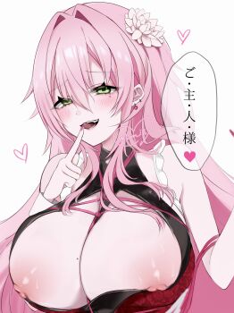 1girl bare_shoulders black_leotard blush breasts commentary dress earrings fang finger_to_mouth flower goddess_of_victory:_nikke green_eyes hair_between_eyes hair_flower hair_intakes hair_ornament heart highres jewelry large_breasts leotard long_hair looking_at_viewer maid mole mole_on_breast mole_under_eye nipples pink_hair pink_nails pink_rope red_dress rope rum_ill shibari shibari_over_clothes sidelocks simple_background smile solo speech_bubble standing teeth tongue tongue_out translated upper_body variant_set velvet_(nikke) white_background wrist_cuffs