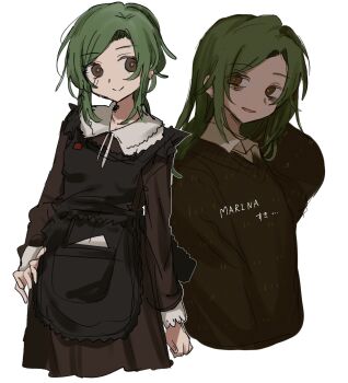 Rule 34 | 1girl, apron, bags under eyes, black apron, brown dress, brown eyes, brown sweater, character name, closed mouth, collared dress, dress, green hair, hair down, hand on own hip, hand on own neck, highres, long hair, long sleeves, looking at viewer, marina kaplan, migimiya yoru, multiple views, school uniform, sidelocks, simple background, smile, soviet school uniform, sweater, white background, yellow pupils, z.a.t.o. // i love the world and everything in it