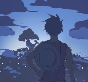 1boy back black_hair cloud hand_on_own_hip hashtag-only_commentary hat highres male_focus monkey_d._luffy mrjieshisu one_piece outdoors shirt short_hair sleeveless sleeveless_shirt solo straw_hat upper_body