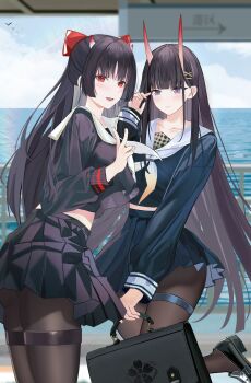 2girls :d absurdres adjusting_hair azur_lane bag black_hair black_pantyhose black_serafuku black_shirt black_skirt blue_serafuku blue_shirt blue_skirt bow breasts changgong8745 commentary day demon_girl demon_horns fang from_side hair_bow hair_ornament hairclip hand_up happy highres hip_focus horns long_hair looking_at_viewer looking_back medium_breasts miniskirt multiple_girls neckerchief noshiro_(azur_lane) ocean oni open_mouth pantyhose pleated_skirt purple_eyes red_bow red_eyes sakawa_(azur_lane) sakura_empire_(emblem) school_bag school_uniform serafuku shirt skindentation skirt smile standing standing_on_one_leg thigh_strap thighs v very_long_hair white_neckerchief x_hair_ornament