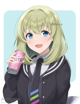 Rule 34 | 1girl, aqua background, arm behind back, black jacket, black necktie, black sweater vest, blue eyes, blush, border, buttons, can, chikabo m, collared shirt, commentary request, drink can, green hair, green nails, holding, holding can, jacket, kitchen knife, knife, looking at viewer, meano (vta), medium hair, necktie, nijisanji, open mouth, outside border, school uniform, shirt, smile, solo, standing, sweater vest, twitter username, upper body, virtual talent academy, virtual talent academy school uniform, virtual youtuber, watermark, white border, white shirt
