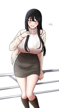 1girl absurdres black_hair boots breasts brown_boots highres huge_breasts kira_natto knee_boots long_hair long_sleeves looking_at_viewer original pencil_skirt red_eyes ribbed_sweater see-through_sweater sidelocks simple_background skirt smile solo sweater turtleneck turtleneck_sweater white_background white_sweater