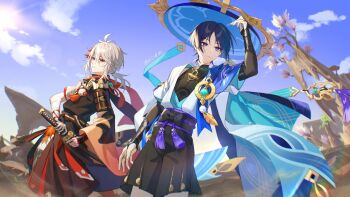 071_qyng 2boys adjusting_clothes adjusting_headwear antenna_hair armor artist_name asymmetrical_sleeves bandaged_arm bandaged_hand bandages black_bow black_gloves black_hair black_scarf black_shirt black_shorts blue_cape blue_headwear blue_ribbon blue_sky blunt_ends bow bridal_gauntlets brown_shorts cape cliff closed_mouth cloud commentary_request crossed_bangs day expressionless feathers fingerless_gloves genshin_impact gloves gold_trim hair_between_eyes hakama hakama_shorts hand_up haori hat highres holding holding_sword holding_weapon jacket japanese_armor japanese_clothes jingasa kaedehara_kazuha kimono long_sleeves looking_at_viewer looking_away low_ponytail male_focus medium_hair mismatched_sleeves mountain multicolored_hair multiple_boys obi open_clothes outdoors parted_bangs parted_lips pom_pom_(clothes) ponytail purple_eyes red_eyes red_hair red_ribbon red_scarf ribbon sash scaramouche_(genshin_impact) scarf sheath shirt short_hair short_sleeves shorts shoulder_armor sidelocks sky sleeveless sleeveless_shirt sode standing streaked_hair sword tassel tree unsheathing vision_(genshin_impact) wanderer_(genshin_impact) weapon white_hair white_jacket white_kimono wide_sleeves