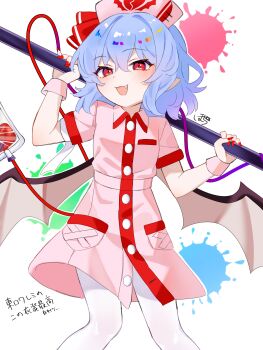 1girl :3 absurdres alternate_costume alternate_headwear bat_wings blood blood_bag blue_hair blush breasts collared_dress dress fang fingernails hat highres homura_(homura_me) long_fingernails looking_at_viewer medium_hair nurse nurse_cap open_mouth paint_splatter pantyhose pink_hat pointy_ears red_eyes red_nails remilia_scarlet remilia_scarlet_(bloody_nurse) short_sleeves signature small_breasts smile solo touhou touhou_lostword translation_request white_pantyhose wings