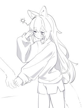 Rule 34 | 1girl, 1other, absurdres, animal ear fluff, animal ears, blush, closed mouth, commentary request, finger grab, greyscale, hair between eyes, highres, long hair, long sleeves, monochrome, one eye closed, original, out of frame, puffy long sleeves, puffy sleeves, riya (01214), rubbing eyes, short shorts, shorts, simple background, sleepy, solo focus, standing, sweater, tail, tears, turtleneck, turtleneck sweater, very long hair, white background