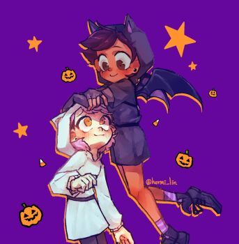 2girls amity_blight animal_ears bat_ears bat_wings blush brown_eyes brown_hair commentary dark-skinned_female dark_skin earrings english_commentary fake_wings hermi highres hood hood_up hoodie jewelry looking_at_another luz_noceda multiple_girls pantyhose pumpkin purple_background purple_hair shoes short_hair smile socks star_(symbol) striped_clothes striped_socks the_owl_house tunic wings yellow_eyes