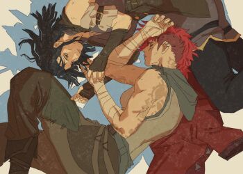 2girls arcane:_league_of_legends arcane_caitlyn arcane_vi arm_tattoo back_tattoo black_gloves blue_eyes brown_pants caitlyn_(league_of_legends) closed_eyes closed_mouth couple dress eyebrow_cut facial_tattoo fingerless_gloves gloves grey_dress hand_on_another&#039;s_hand highres hood hood_down hooded_shirt league_of_legends looking_at_another lying multiple_girls on_side pants red_hair runhorserun shirt short_hair sleeping sleeveless sleeveless_shirt tattoo undercut vi_(league_of_legends) yuri