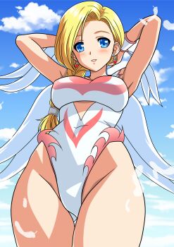 1girl absurdres angel_leotard angel_wings arms_behind_head bianca_(dq5) blonde_hair blue_eyes braid breasts clothing_cutout cowboy_shot cutout_above_navel dragon_quest dragon_quest_v feathers gluteal_fold highres large_breasts leaning_back leotard long_hair single_braid smile solo thigh_gap white_feathers wings yuuyuu_(3jjbn)