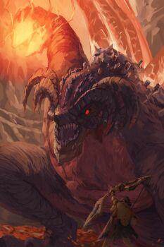 1boy absurdres arrow_(projectile) battle bayle_the_dread bone bow_(weapon) curled_horns dragon dragon_horns dragon_wings drake_warrior_igon drawing_bow elden_ring elden_ring:_shadow_of_the_erdtree electricity electrokinesis giant giant_monster highres holding holding_bow_(weapon) holding_weapon horns lightning monster multiple_horns open_mouth oujj3000 red_eyes scales severed_hand sharp_teeth size_difference solid_eyes teeth weapon western_dragon wings