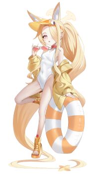 Rule 34 | 1girl, above-cleavage cutout, absurdres, animal ear fluff, animal ears, arm support, bare shoulders, blonde hair, blue archive, boots, breasts, bright pupils, clothing cutout, covered navel, diamond cutout, ein tiger, feet, fox ears, fox girl, fox tail, full body, hair over one eye, halo, hand up, highleg, highleg one-piece swimsuit, highres, holding, holding removed eyewear, innertube, jacket, large tail, light blush, long hair, long sleeves, looking at viewer, multicolored eyes, off shoulder, official alternate costume, one-piece swimsuit, one eye covered, open-toe boots, open clothes, open jacket, orange-tinted eyewear, parted lips, pink eyes, ponytail, puffy long sleeves, puffy sleeves, seia (blue archive), seia (swimsuit) (blue archive), simple background, small breasts, solo, standing, standing on one leg, sunglasses, swim ring, swimsuit, tail, tinted eyewear, toes, two-tone eyes, unworn eyewear, very long hair, visor cap, white background, white one-piece swimsuit, white pupils, yellow boots, yellow eyes, yellow halo, yellow jacket