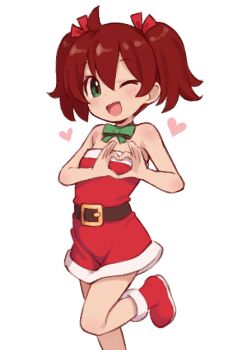 1girl ahoge belt black_belt blush boots bow bowtie brown_hair christmas dress fur-trimmed_boots fur-trimmed_dress fur_trim green_bow green_bowtie green_eyes hair_ribbon heart heart_hands looking_at_viewer one_eye_closed open_mouth red_boots red_dress red_ribbon ribbon santa_costume santa_dress saru_getchu sayaka_(saru_getchu) shino_(shinokani) short_hair smile standing standing_on_one_leg strapless strapless_dress twintails white_background wink