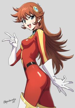 1girl belt blue_eyes bodysuit breasts brown_hair byakuroku35 gloves grendizer_u highres long_hair looking_at_viewer maria_grace_fleed mazinger_(series) medium_breasts multicolored_bodysuit open_mouth red_bodysuit skin_tight smile solo standing ufo_robo_grendizer yellow_bodysuit
