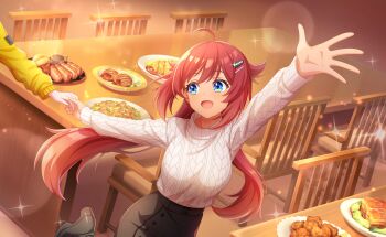 Rule 34 | 1girl, :d, ahoge, blue eyes, commentary request, dutch angle, food, game cg, hair ornament, hairclip, highres, indoors, long hair, long sleeves, official art, open mouth, outstretched arm, outstretched arms, plate, red hair, skirt, smile, solo focus, sparkle, sweater, third-party source, very long hair, wooden floor, world dai star, yonaguni hikari