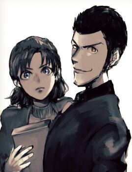 1boy 1girl arsene_lupin_iii artist_request black_hair black_shirt blue_eyes blunt_bangs book brown_hair closed_mouth facial_hair goatee holding holding_book laetitia_bresson long_sideburns long_sleeves looking_at_viewer lupin_iii lupin_iii:_the_first medium_hair necktie shirt short_hair sideburns simple_background smile sweater third-party_source turtleneck turtleneck_sweater white_background yellow_eyes
