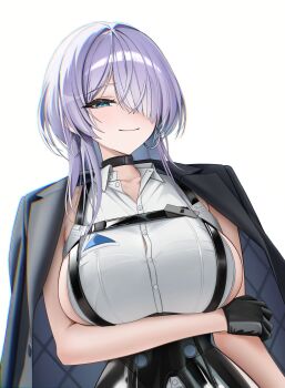 1girl black_choker black_corset blue_eyes breasts brid_(nikke) brid_(silent_track)_(nikke) button_gap chest_harness choker closed_mouth corset gloves goddess_of_victory:_nikke hair_over_one_eye half_gloves hand_on_own_arm harness hashtag-only_commentary hezzu_0 highres jacket jacket_on_shoulders large_breasts long_hair pants sideboob sideless_shirt sidelocks simple_background smile solo tight_clothes tight_pants white_background white_hair white_pants
