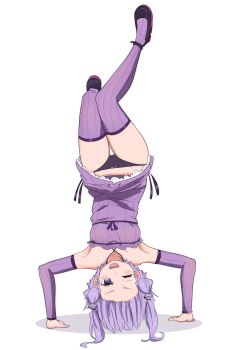 1girl :d absurdres armpits black_panties blush_stickers clothes_lift commentary_request criss-cross_halter detached_sleeves dress dress_lift empire_waist flat_chest hair_ornament halter_dress halterneck handstand highres kakihito_shirazu long_sleeves looking_at_viewer mary_janes one_eye_closed open_mouth panties pantyshot purple_dress purple_eyes purple_hair purple_thighhighs ribbed_dress ribbed_thighhighs shoes short_hair_with_long_locks sidelocks simple_background smile solo thighhighs underwear v-shaped_eyebrows vocaloid voiceroid white_background yuzuki_yukari