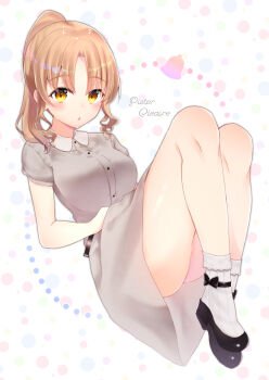 Rule 34 | 1girl, black bow, black shoes, blush, bobby socks, bow, breasts, brown dress, brown eyes, character name, collared dress, commentary request, dress, female focus, full body, gyozanuko, high ponytail, highres, light brown hair, long hair, looking at viewer, medium breasts, nijisanji, parted bangs, parted lips, ponytail, ribbed legwear, shoes, short sleeves, sister claire, sister claire (3rd costume), socks, solo, virtual youtuber, white background, white socks