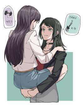 2girls absurdres bang_dream! bang_dream!_it&#039;s_mygo!!!!! black_choker black_hair black_jacket blue_eyes blue_skirt carrying carrying_person choker commentary earrings grey_skirt highres jacket jewelry joker_(jjjokerrr233) long_hair medium_hair multiple_girls necklace open_mouth shiina_taki skirt symbol-only_commentary three-quarter_sleeves white_jacket yahata_umiri yuri