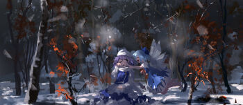 Rule 34 | 2girls, apron, autumn leaves, blue bow, blue dress, blue hair, blue skirt, blue vest, bow, cheek poking, cirno, commentary request, detached wings, dress, flying, hair bow, happy, hat, highres, ice, ice wings, leaf, letty whiterock, long sleeves, multiple girls, one eye closed, open mouth, outdoors, pinafore dress, poking, puffy short sleeves, puffy sleeves, purple eyes, purple hair, scarf, shirt, short sleeves, skirt, sleeveless, sleeveless dress, smile, snow, touhou, ushitsuchi, vest, waist apron, white apron, white hat, white scarf, white shirt, wings