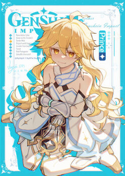 1boy aether_(genshin_impact) ahoge alternate_hairstyle ayiiiyiii black_gloves blonde_hair blush closed_mouth cosplay crossdressing crossdressing_(mtf) crossed_arms dress earrings fingerless_gloves genshin_impact gloves hair_between_eyes highres jewelry long_hair lumine_(genshin_impact) lumine_(genshin_impact)_(cosplay) male_focus single_earring solo thighhighs white_dress white_thighhighs yellow_eyes