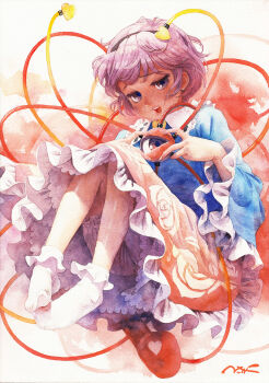 1girl absurdres black_hairband bloomers blue_shirt collared_shirt commentary_request eyeball floral_print frilled_shirt_collar frilled_skirt frilled_sleeves frills hair_ornament hairband heart heart_hair_ornament highres komeiji_satori looking_at_viewer misawa_hiroshi open_mouth painting_(medium) print_skirt purple_eyes purple_hair red_skirt red_slippers ribbon-trimmed_collar ribbon_trim rose_print shirt short_hair skirt slippers socks solo third_eye touhou traditional_media underwear unworn_slippers upskirt watercolor_(medium) white_bloomers white_socks