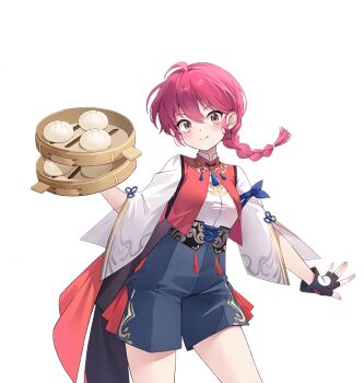 1girl artist_request braid chinese_clothes cowboy_shot fingerless_gloves food gloves holding holding_food houchi_shoujo official_art pale_skin pink_hair ranma-chan ranma_1/2 single_braid smile solo split_mouth steamed_bun transparent_background