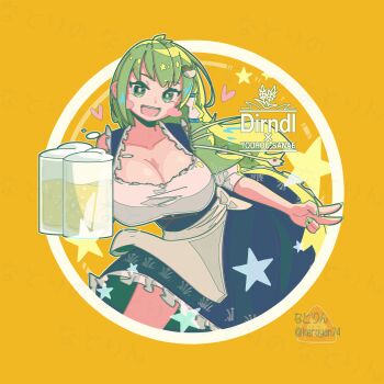 Rule 34 | 1girl, alcohol, alternate costume, apron, barmaid, beer, beer mug, blush stickers, breasts, circle, cleavage, commentary request, cup, dirndl, frog hair ornament, german clothes, green hair, green nails, hair ornament, hair tubes, heart, highres, holding, holding cup, keroyan, kochiya sanae, large breasts, long hair, looking at viewer, mug, open mouth, simple background, single hair tube, smile, snake hair ornament, solo, touhou, twitter username, very long hair, waist apron, white apron, yellow background