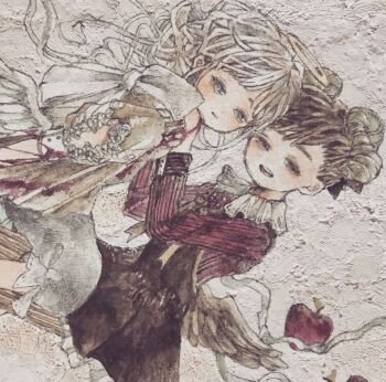 Rule 34 | 2girls, absurdres, acrylic paint (medium), apple, blush, bow, brown hair, closed eyes, collared shirt, commentary request, dress, food, fruit, gloves, hair bow, highres, karintoun, lace, long hair, long sleeves, looking at viewer, multiple girls, original, painting (medium), parted bangs, portrait, puffy sleeves, ribbon, shirt, short hair, simple background, smile, straddling, straight-on, traditional media, upper body, watercolor (medium), white hair, wings