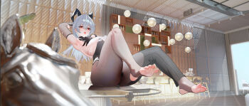 1girl absurdres ahoge alternate_breast_size_(larger) alternate_costume arm_behind_head arm_up armpits black_gloves black_horns black_leotard breasts brown_leggings chinese_commentary commentary_request full_body gloves hair_between_eyes hezhi_go highres horns huge_breasts leggings legs leotard long_hair mole mole_under_eye no_shoes on_table open_mouth red_eyes sitting soles solo stirrup_legwear table thighs toeless_legwear toes tongue tongue_out white_hair wuthering_waves zani_(wuthering_waves)