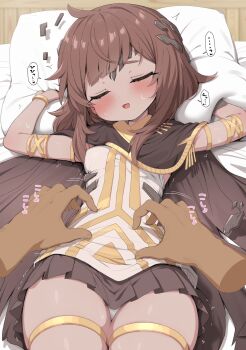 1girl armlet blush bracelet breasts brown_hair cape character_request closed_eyes commentary_request hair_ornament highres jewelry long_sidelocks lying medium_breasts on_back on_bed open_mouth panties pantyshot pillow pleated_skirt pov pov_hands ransusan sidelocks skirt sleeveless thighhighs tickling tickling_stomach trickcal underwear