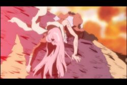 Rule 34 | 2girls, animated, anime screenshot, battle, breasts, destruction, dix-neuf, explosion, kicking, lal'c mellk mal, long hair, lowres, mecha, medium breasts, monster, multiple girls, nipples, nono (top wo nerae 2!), robot, running, sound, space, top wo nerae! (series), top wo nerae 2!, topless female, torn clothes, video