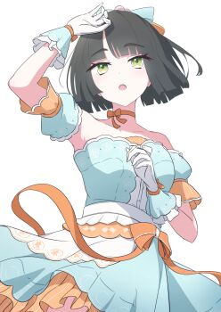 Rule 34 | 1girl, arm up, armpits, bare shoulders, black hair, blue dress, blunt bangs, blunt ends, bob cut, breasts, celebration! (love live!), collarbone, commentary, cowboy shot, detached sleeves, dress, english commentary, frilled dress, frills, gloves, green eyes, highres, junnatsu, link! like! love live!, love live!, medium breasts, momose ginko, short dress, short hair, short sleeves, simple background, solo, strapless, strapless dress, virtual youtuber, white background, white gloves