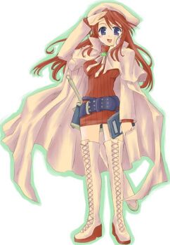 1girl :d aty_(summon_night) bad_id belt belt_buckle belt_pouch beret black_belt blue_eyes book boots breasts buckle cape capelet closed_mouth commentary_request crossed_belts dot_nose dress full_body gold_buckle green_outline hat holding holding_book lace-up_boots large_breasts legs_apart long_hair long_sidelocks long_sleeves loose_belt miyabi_juri narrow_waist open_mouth outline platform_boots pouch red_dress red_hair ribbed_dress ribbon salute sheath sheathed short_dress sidelocks simple_background skinny smile solo standing straight_hair summon_night summon_night_3 sword thigh_boots weapon white_background white_boots white_cape white_capelet white_hat white_ribbon white_sleeves