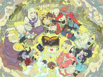 alphys angel angel_wings animal_ears anniversary annoying_dog asgore_dreemurr asriel_dreemurr blue_shirt blue_skin book boots box brown_hair cape cardboard_box cat_ears cat_girl chara_(undertale) closed_eyes coat colored_skin commentary copyright_name crayon delta_rune_(symbol) dog drawing_(object) everyone eyepatch fangs feathered_wings fins fish_girl flower flower_pot flowey_(undertale) frisk_(undertale) ghost goat_boy goat_ears goat_girl goat_horns head_fins headphones heart highres holding holding_flower_pot horns lab_coat mad_mew_mew mettaton mettaton_ex monster_kid_(undertale) muffet one_eye_covered papyrus_(undertale) pink_hair ponytail purple_cape purple_robe red_boots red_hair red_scarf reptile_girl robe sans_(undertale) scarf shirt shyren smile snowman temmie toriel umbrella undertale undyne utdr_(toby_fox) white_coat white_horns white_wings wings yaksa_del yellow_flower yellow_skin