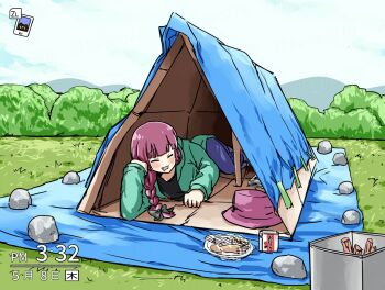 1girl alcohol_carton animal_crossing:_new_horizons black_bow blush bocchi_the_rock! bow braid bucket_hat camping closed_eyes drink_carton drooling drunk fang grass hair_bow hair_over_shoulder hat hiroi_kikuri ikayaki lying on_stomach open_mouth outdoors purple_hair rock single_braid solo tent timestamp torako_(toramaru) twitter_username unworn_hat unworn_headwear user_interface watermark
