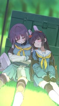2girls absurdres ahoge animal_ears black_gloves black_hair blue_archive blue_sailor_collar blue_serafuku blue_skirt blush breasts closed_eyes combat_helmet commentary_request fake_animal_ears gloves green_neckerchief hair_between_eyes helmet highres leaf leaf_on_head long_hair medium_breasts medium_hair mitsutsuka miyu_(blue_archive) multiple_girls neckerchief open_mouth pleated_skirt purple_hair rabbit_ears revision sailor_collar saki_(blue_archive) school_uniform serafuku skirt sleeping stahlhelm tactical_school_uniform unworn_headwear unworn_helmet white_sailor_collar yellow_neckerchief